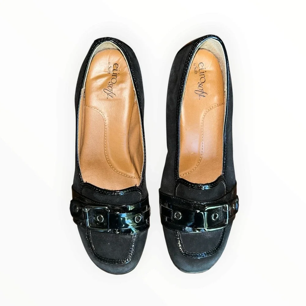 EuroSoft by Sofft Womens Black Suede Patent Wedge Loafers Buckle Square Toe 8